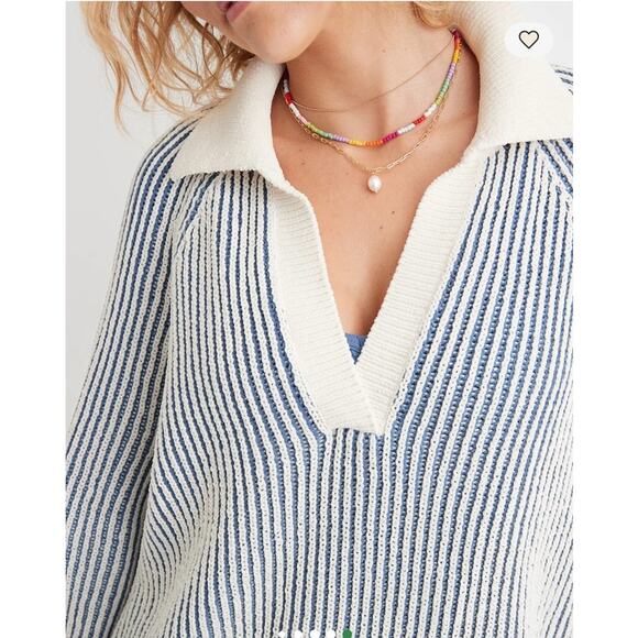 Aerie Sugar Rush Chenille Polo Henley Sweater Striped Oversized Coastal Preppy M - Picture 15 of 15